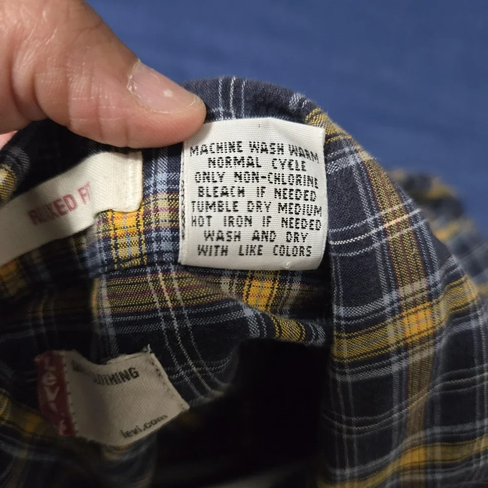 Levi's Shirt Mens Large Blue Yellow Plaid 100% Cotton Relaxed Fit Short Sleeve‎